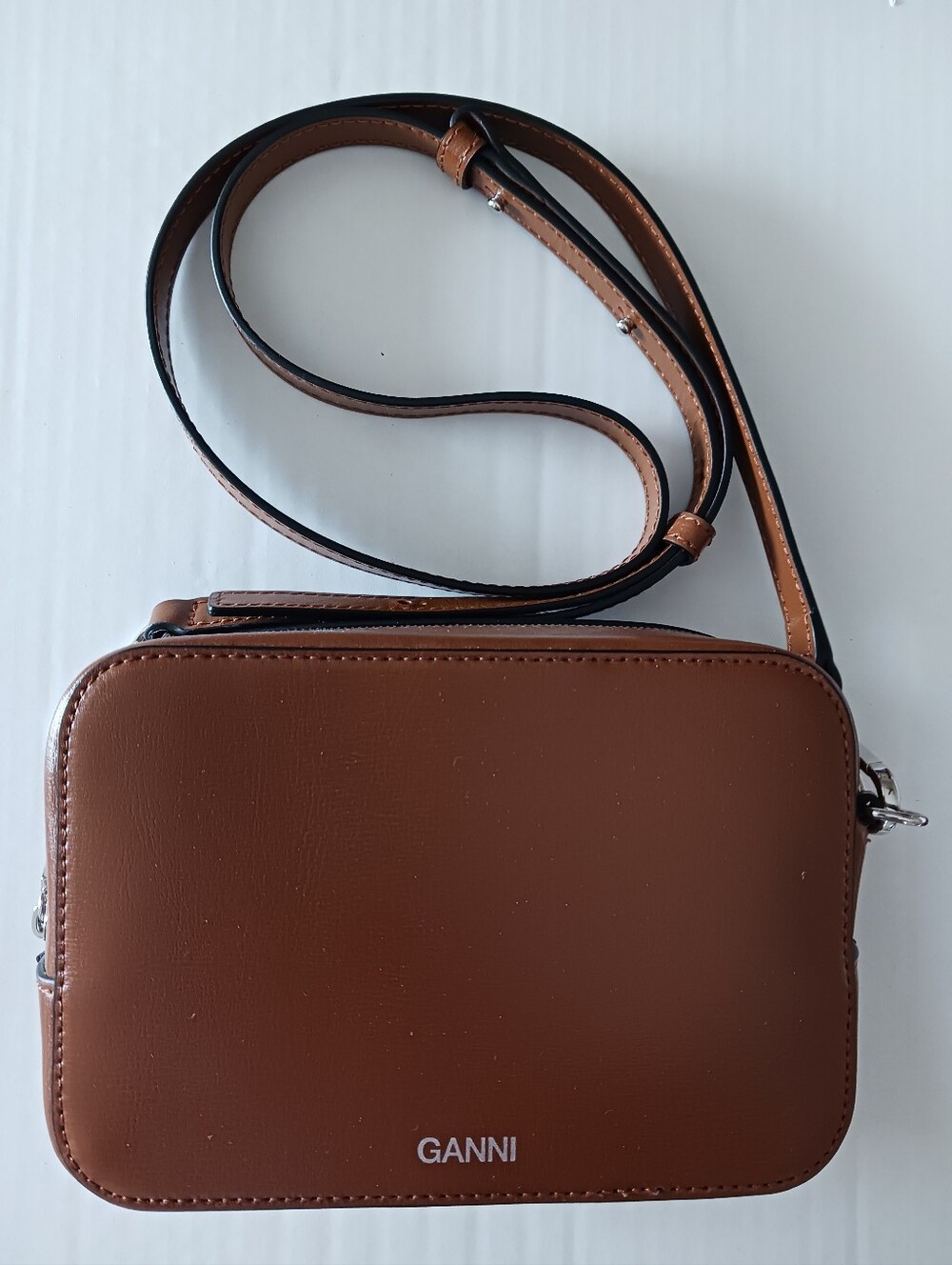 GANNI Cognac Textured Leather Crossbody Bag Adjustable Strap